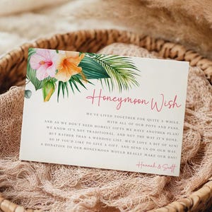 Honeymoon Fund Insert | Editable Wedding Gift Request Card | Tropical Wedding Detail Card | Printable Honeymoon Wishes Template