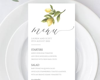 Wedding Menu Template, Wedding Table Decor, Lemon Wedding, Dinner Menu, Digital Download