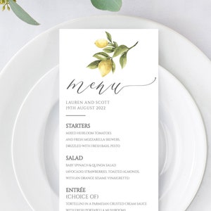 Wedding Menu Template, Wedding Table Decor, Lemon Wedding, Dinner Menu, Digital Download image 1