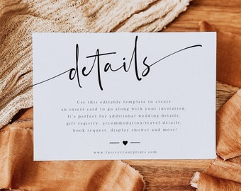 Modern Wedding Details Card Template, Details Card Instant Download, Details Insert Card, Minimalist Enclosure Card