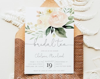 Floral Bridal Tea Invitation | Modern Bridal Shower Invite | Garden Shower | Peach Flowers with Greenery | Editable Template with Corjl