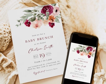 Baby Brunch Invitation Template, Printable Minimalist Baby Shower Invite, Editable Garden Baby Shower Evite, Digital Download