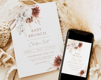 Boho Baby Brunch Invitation, Boho Floral Baby Luncheon, Gender Neutral Baby Shower Invite, Dried Flower Invitation, Boho Invitation
