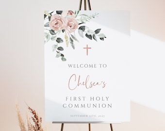 First Communion Welcome Sign Template, 1st Communion Welcome Poster, Blush Pink Floral, Printable, Editable Instant Download