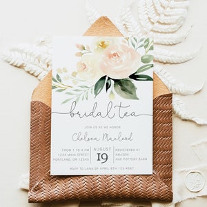 Floral Bridal Tea Invitation | Modern Bridal Shower Invite | Garden Shower | Peach Flowers with Greenery | Editable Template with Corjl