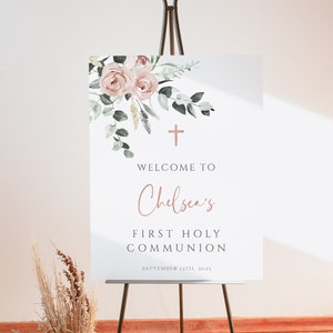First Communion Welcome Sign Template, 1st Communion Welcome Poster, Blush Pink Floral, Printable, Editable Instant Download