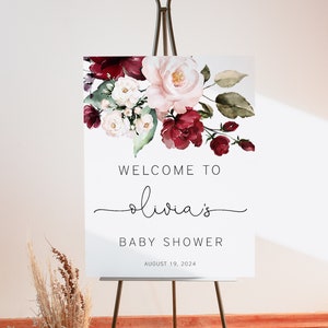 Floral Willkommensschild Vorlage, bearbeitbare Babyparty oder Brautparty Schild, Blush Pink und Burgund, bearbeitbarer Text, Sofortiger Download, Corjl
