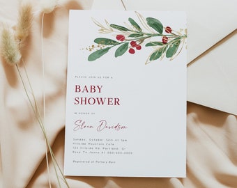 Winter Baby Shower Invitation, Christmas Baby Shower Invite, Editable Template, Printable Invitation, Corjl, Digital Download