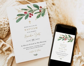 Winter Baptism Invitation Template, Editable Baptism Invite, Christmas Baptism, Christening Evite, Use For Any Occasion