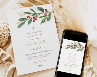 Winter Baptism Invitation Template, Editable Baptism Invite, Christmas Baptism, Christening, Use For Any Occasion