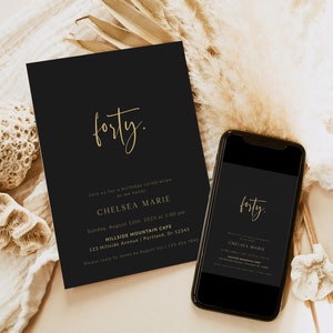 40th Birthday Invitation Template, Minimalist Adult Birthday Party Invites, Modern, 100% Editable Text, Instant Download