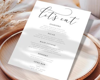 Minimalist Wedding Menu Template, Printable Modern Wedding Menu, Wedding Food Menu, Simple Wedding Menu, Lets Eat Menu, Editable Template