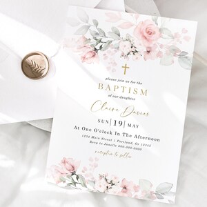 Baptism Invitation Template Girl | Pink and Gold Christening Invite | Editable Baby Baptism Card with Greenery | Printable Corjl