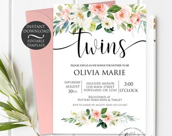 Floral Twins Baby Shower Invitation Template | Editable Instant Download
