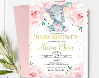 Elephant Baby Shower Invitation - Baby Shower Invitation Girl - Girl Baby Shower Invite - Baby Girl Invitation - Confetti Baby - Floral Baby