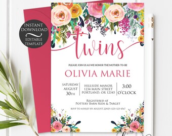 Floral Twins Baby Shower Invitation Template | Editable Invitation Template