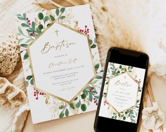 Baptism Invitation Template, Editable Baptism Invite Printable, Rustic Christmas, Winter, Editable Text