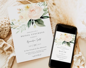 Bridal Luncheon Invitation Template, Floral Wedding Shower Invite, Peach Greenery, Modern, Editable Invitation Instant Download