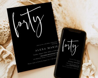 40th Birthday Invitation Template, Minimalist Adult Birthday Party Invites, Modern, 100% Editable Text, Instant Download