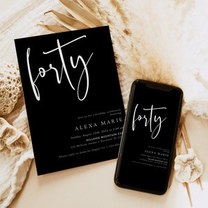 40th Birthday Invitation Template, Minimalist Adult Birthday Party Invites, Modern, 100% Editable Text, Instant Download