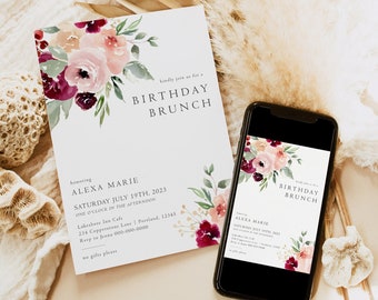 Birthday Brunch Invitation Template, Adult Birthday Party Invitation, Birthday Invitations, Blush Pink Floral, Editable Text, Corjl