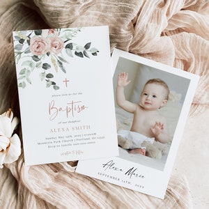 Baby Baptism Invitation Girl, Floral Christening Invite Printable, First Communion Evite, Blush Pink, Editable Template, Digital Download