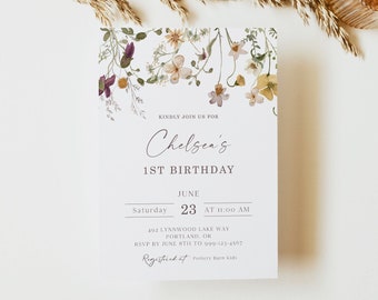 Wildflower Birthday Invitation Girl, 1st Birthday Party Invite Template, Garden Shower, Modern, Floral, Blush Pink, Instant Download