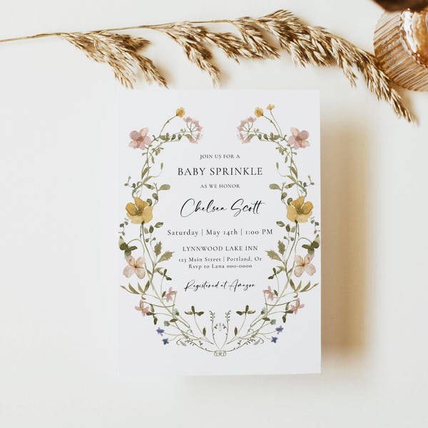 Baby strooi uitnodiging meisje, wilde bloemen babyshower uitnodiging sjabloon, tuindouche, modern, bloemen, blush roze, instant download