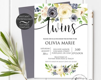 Floral Twins Baby Shower Invitation Template | Editable Instant Download
