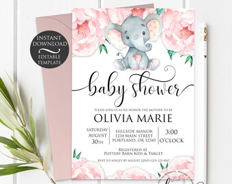 Elephant Baby Girl Shower Invitation Template | Editable Instant Download