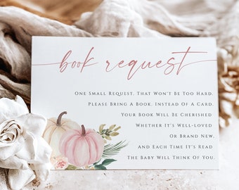 Book Request Card Template, Pumpkin Books For the Baby Card, Baby Girl Shower Invitation Insert, 100% Editable Text, Digital Download, Corjl