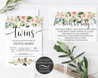 Floral Twins Baby Shower Invitation Set | Editable Instant Download