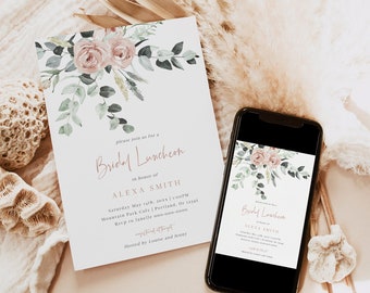 Bridal Luncheon Invitation Template | Floral Wedding Shower Invite | Blush Pink | Modern Editable Invitation Instant Download