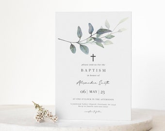 Greenery Baptism Invite, Christening Invitation, Eucalyptus Baptism, TRY BEFORE You BUY, Editable Instant Download