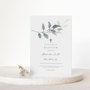 Greenery Baptism Invite, Christening Invitation, Eucalyptus Baptism, TRY BEFORE You BUY, Editable Instant Download