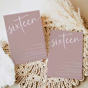 16th Birthday Invitation Template, Minimalist Adult Birthday Party Invites, Modern, Mauve, 100% Editable Text, Instant Download