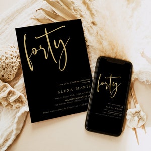 Modèle d'invitation de 40e anniversaire, invitations minimalistes pour une fête d'anniversaire adulte, moderne, texte 100 % modifiable, téléchargement immédiat