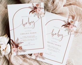 Boho Girl Baby Shower Invite, Pampas Grass Baby Shower, Modern Arch Baby Shower Invite Template, Minimalist Baby Shower