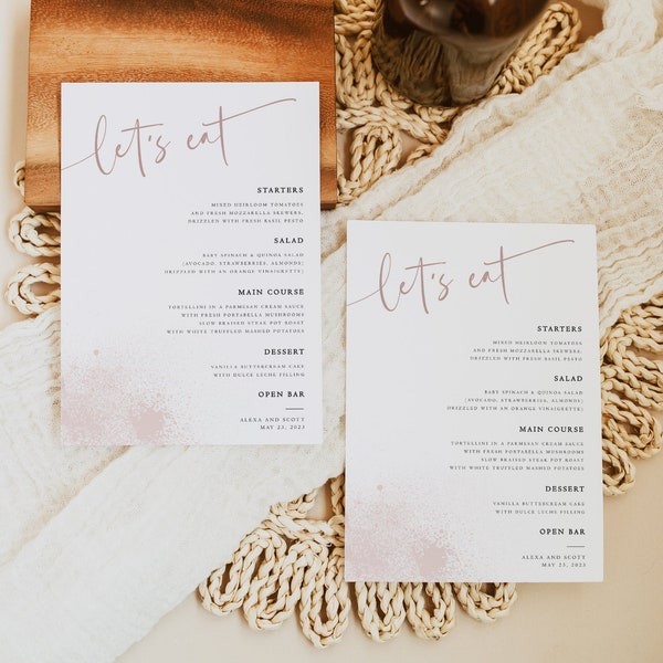 Classic Wedding Menu Template, Minimalist Wedding Table Decor, Modern Dinner Menu, Blush Pink, Editable & Printable, Instant Download