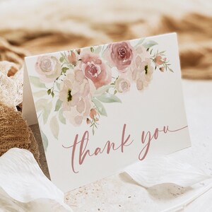 Bloemen bedankkaartsjabloon | Afdrukbare bruiloft bedankbriefje | Blush roze aquarel gevouwen kaart | Boho bewerkbare bedankkaart