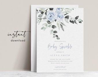 Baby Sprinkle Invitation Boy, Baby Sprinkle Invite Template, Dusty Blue, Modern, Edit Yourself, Instant Download