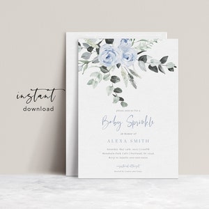 Uitnodiging babystrooisel jongen, uitnodigingssjabloon babystrooisel, stoffig blauw, modern, zelf bewerken, direct downloaden