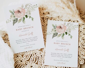 Blush Pink Floral Baby-Dusche-Einladungs-Vorlage, druckbare Baby-Dusche-Einladung, Mädchen-Baby-Brunch-Einladung, sofortiger Download mit Corjl