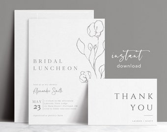 Bridal Luncheon Invitation Template, Minimalist Wedding Shower Invite, Floral Printable, Instant Download, 100% Editable Text