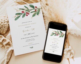 Engagement Party Invitation Template, Winter Engagement Invites, Elopement Announcement, Instant Download, Includes Thank You Card