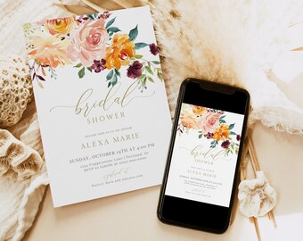 Fall Bridal Shower Invitation Template, Floral Wedding Shower Invite, Editable Text, Corjl, Digital Download