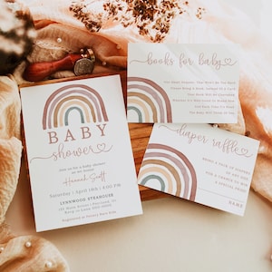 Invitation baby shower arc-en-ciel | Ensemble d'invitations arc-en-ciel modifiable | Faire-part de naissance bohème arc-en-ciel aux tons doux | Modèle imprimable