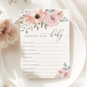 Modello di biglietto con preghiere per il bambino, auguri per il bambino, baby shower floreale per bambina, rosa cipria, battesimo, DOWNLOAD IMMEDIATO