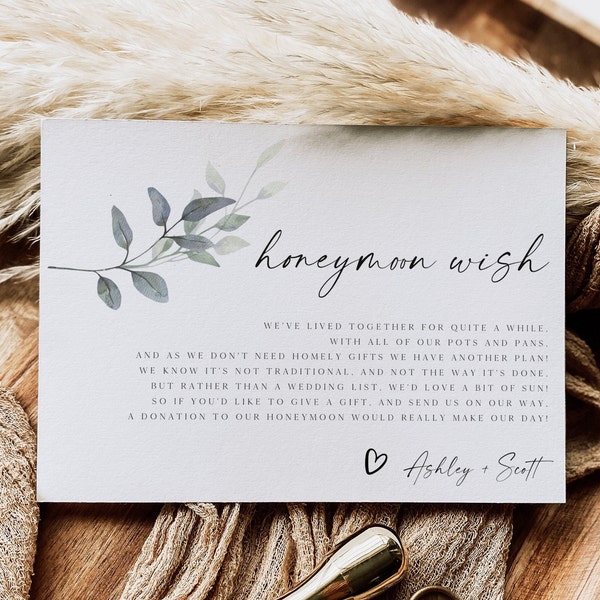 Wedding Honeymoon Wishes Card, Honeymoon Fund Card, In Lieu of Gifts, Greenery, Editable Template, Digital Download