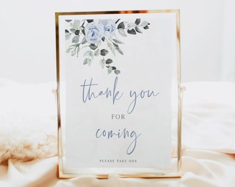 Thanks For Coming Sign, Baby Shower Sign Template, Editable Tabletop Sign, Blue Flowers, Digital Download